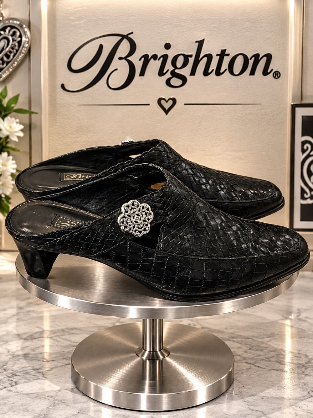 Brighton Twain Black Woven Leather Silver Medallion Mule Heels Size 10